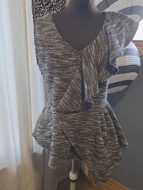 New York & Company Tops - New York & Company Textured Black and White Ruffle Peplum Top